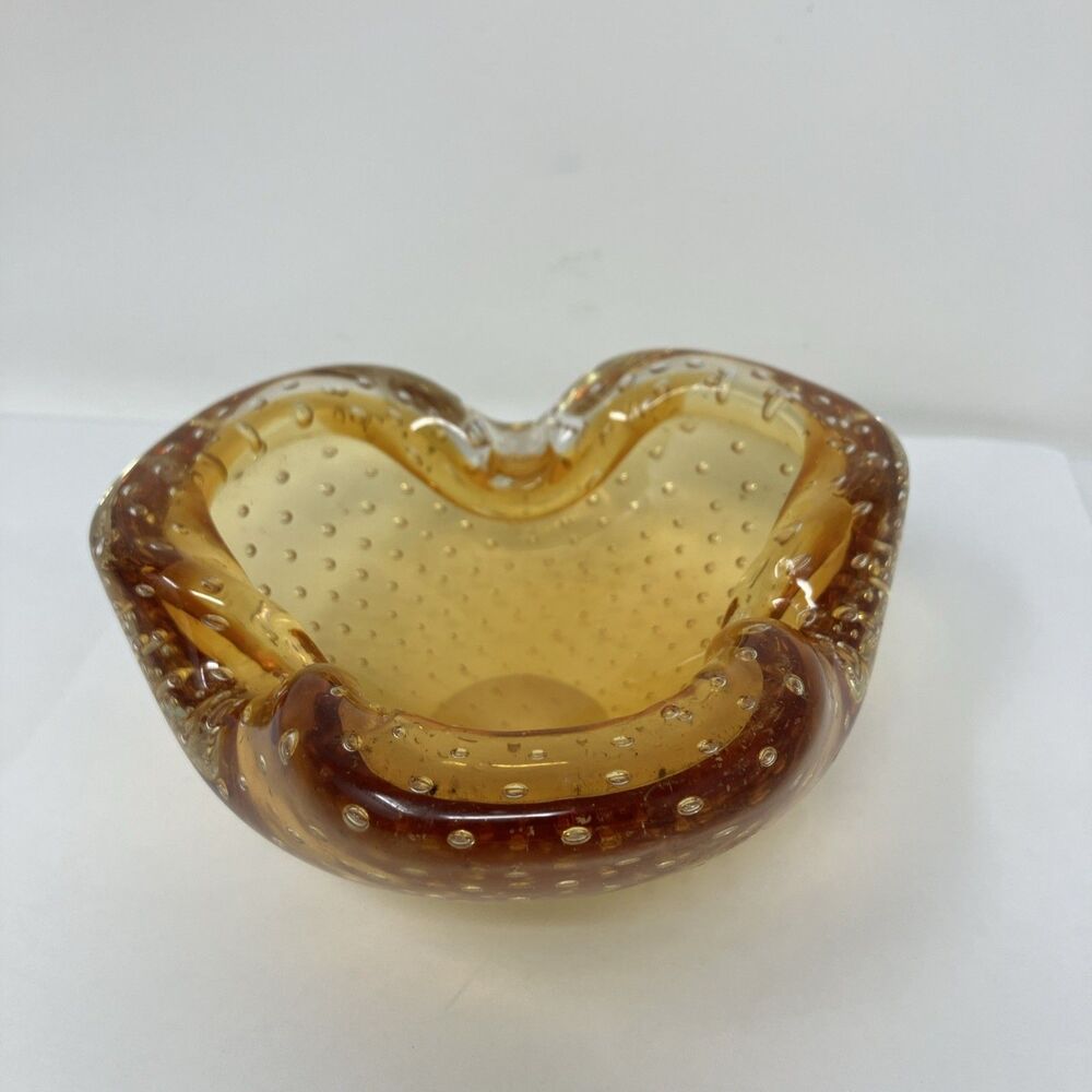 Murano Italian Amber Glass Ash Tray Trinket Dish Billiconte Controlled Bubbles